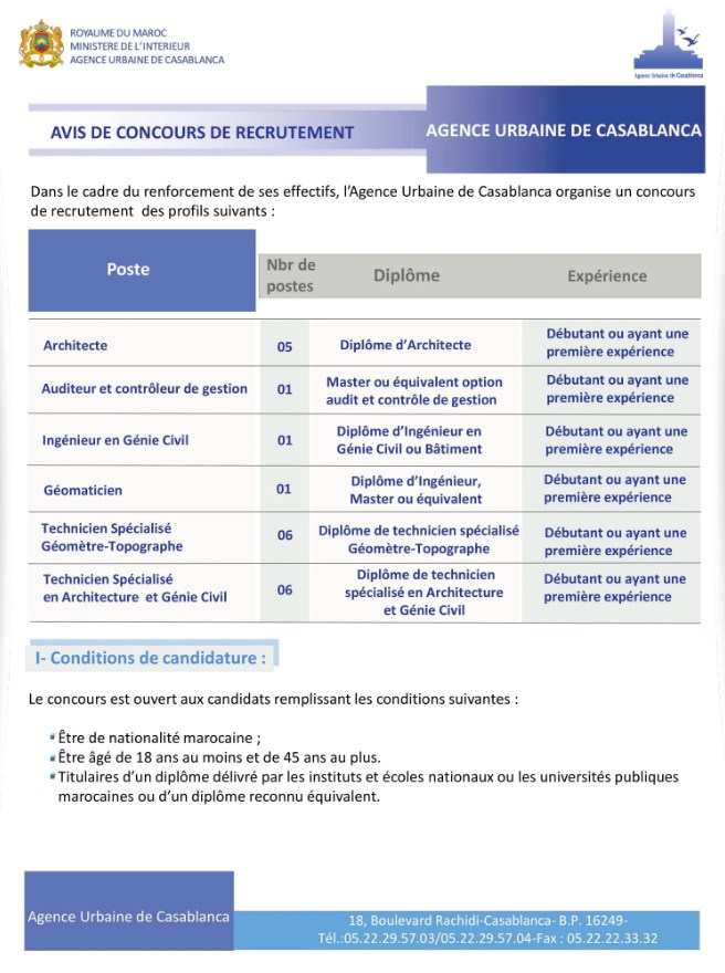 Avis concours de recrutement 1 de L'agence Urbaine de casablanca